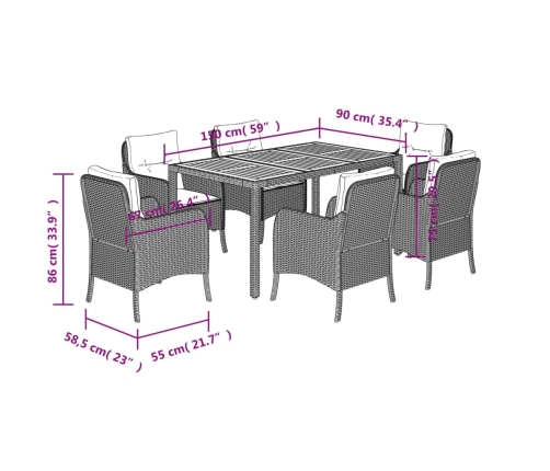 Set de comedor de jardín 7 pzas y cojines ratán sintético negro