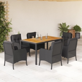 Set de comedor de jardín 7 pzas y cojines ratán sintético negro