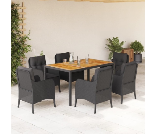 Set de comedor de jardín 7 pzas y cojines ratán sintético negro