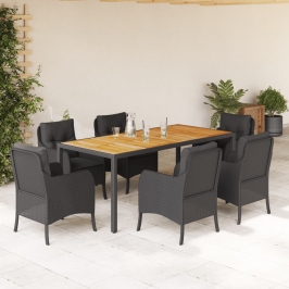 Set de comedor de jardín 7 pzas y cojines ratán sintético negro