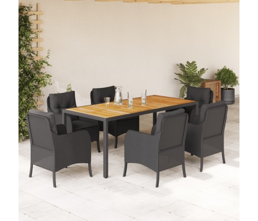 Set de comedor de jardín 7 pzas y cojines ratán sintético negro