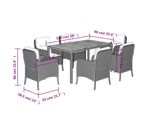 Set comedor jardín 7 pzas y cojines ratán sintético gris