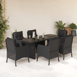 Set de comedor de jardín 7 pzas y cojines ratán sintético negro