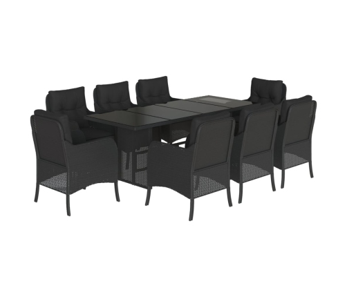 Set de comedor de jardín 9 pzas y cojines ratán sintético negro