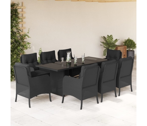 Set de comedor de jardín 9 pzas y cojines ratán sintético negro