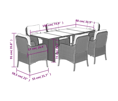 Set comedor de jardín 7 pzas con cojines ratán sintético marrón