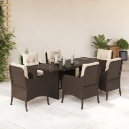 Set comedor de jardín 7 pzas con cojines ratán sintético marrón
