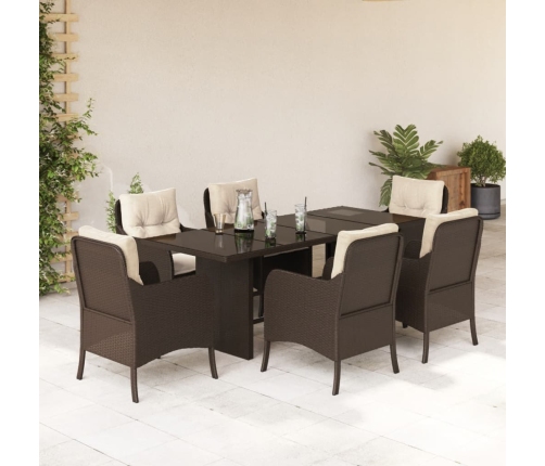 Set comedor de jardín 7 pzas con cojines ratán sintético marrón