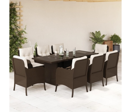 Set comedor para jardín 9 pzas y cojines ratán sintético marrón