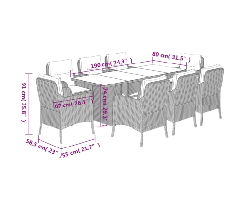 Set comedor de jardín 9 pzas con cojines ratán sintético beige