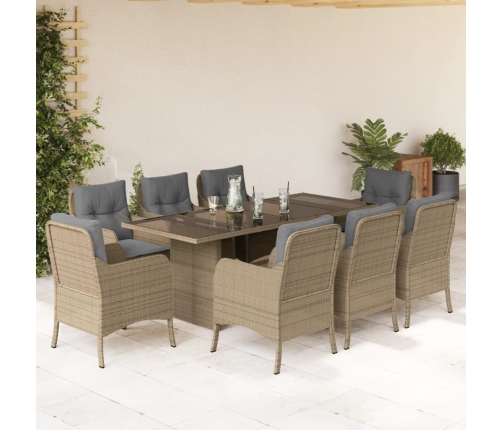 Set comedor de jardín 9 pzas con cojines ratán sintético beige