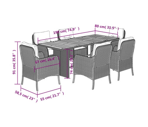 Set de comedor de jardín 7 pzas y cojines ratán sintético negro