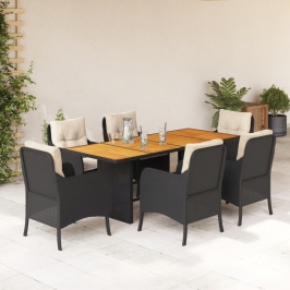 Set de comedor de jardín 7 pzas y cojines ratán sintético negro