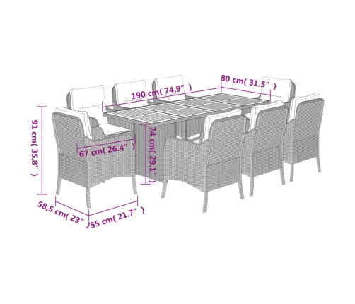 Set de comedor de jardín 9 pzas y cojines ratán sintético negro
