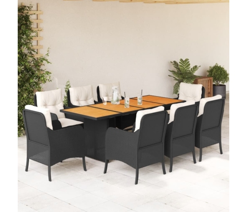 Set de comedor de jardín 9 pzas y cojines ratán sintético negro