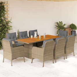Set comedor de jardín 9 pzas con cojines ratán sintético beige