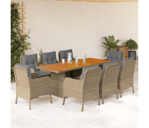 Set comedor de jardín 9 pzas con cojines ratán sintético beige
