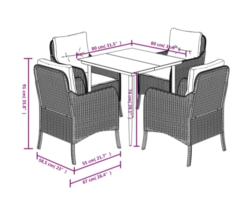 Set de muebles jardín 5 pzas con cojines ratán sintético negro