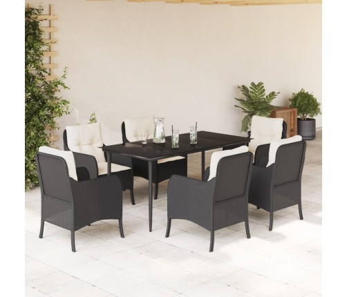 Set de comedor de jardín 7 pzas y cojines ratán sintético negro
