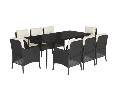 Set de comedor de jardín 9 pzas y cojines ratán sintético negro