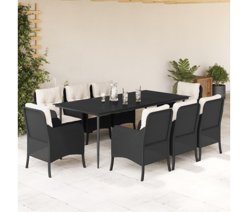 Set de comedor de jardín 9 pzas y cojines ratán sintético negro