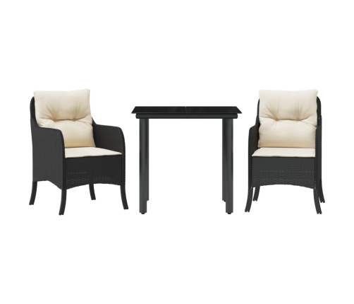 Set comedor de jardín 3 pzas con cojines ratán sintético negro