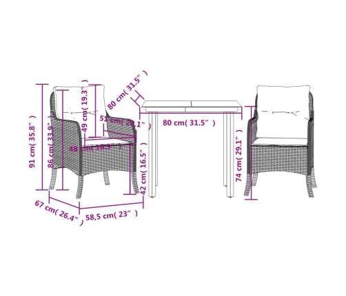 Set comedor de jardín 3 pzas con cojines ratán sintético negro