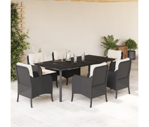 Set de comedor de jardín 7 pzas y cojines ratán sintético negro