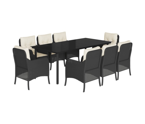 Set de comedor de jardín 9 pzas y cojines ratán sintético negro