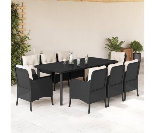 Set de comedor de jardín 9 pzas y cojines ratán sintético negro