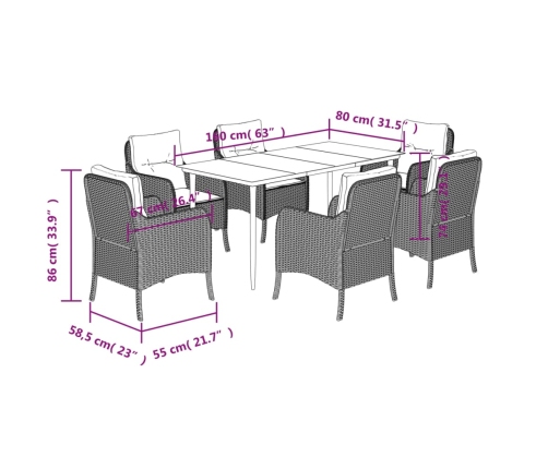 Set de comedor de jardín 7 pzas y cojines ratán sintético negro