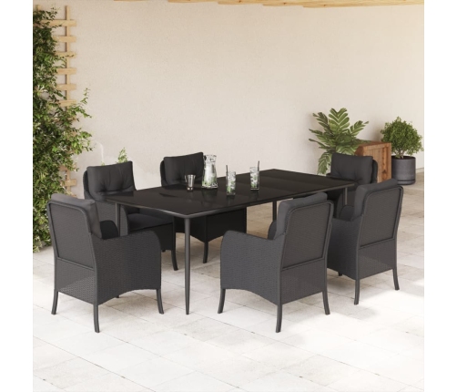 Set de comedor de jardín 7 pzas y cojines ratán sintético negro