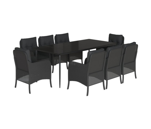Set de comedor de jardín 9 pzas y cojines ratán sintético negro