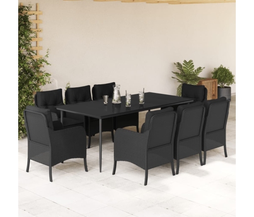 Set de comedor de jardín 9 pzas y cojines ratán sintético negro