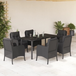 Set de comedor de jardín 7 pzas y cojines ratán sintético negro