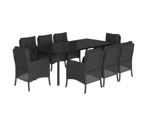 Set de comedor de jardín 9 pzas y cojines ratán sintético negro
