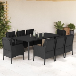 Set de comedor de jardín 9 pzas y cojines ratán sintético negro