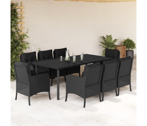 Set de comedor de jardín 9 pzas y cojines ratán sintético negro