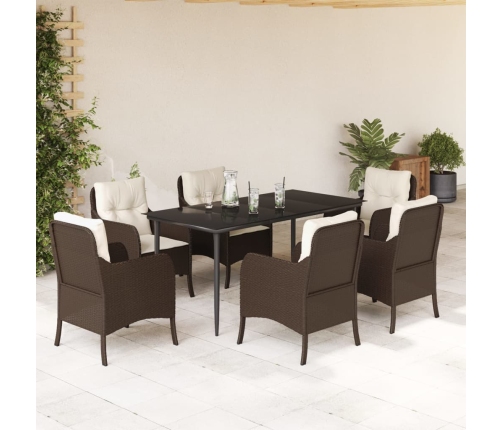 Set comedor de jardín 7 pzas con cojines ratán sintético marrón