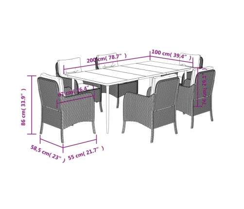 Set comedor de jardín 7 pzas con cojines ratán sintético marrón