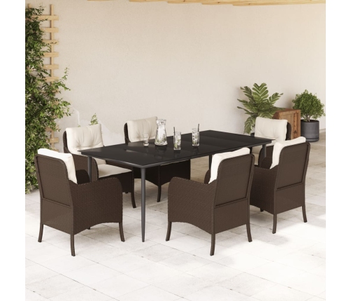 Set comedor de jardín 7 pzas con cojines ratán sintético marrón