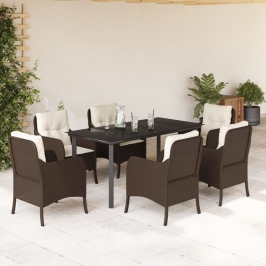 Set comedor de jardín 7 pzas con cojines ratán sintético marrón