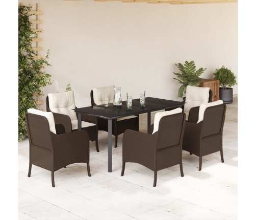Set comedor de jardín 7 pzas con cojines ratán sintético marrón