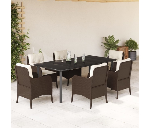 Set comedor de jardín 7 pzas con cojines ratán sintético marrón