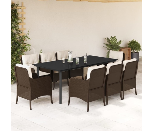 Set comedor para jardín 9 pzas y cojines ratán sintético marrón