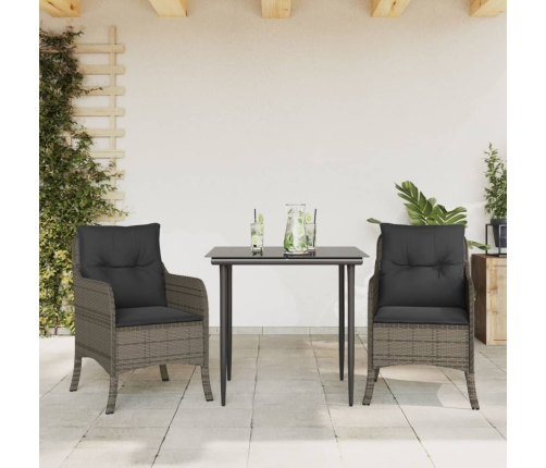 Set comedor de jardín 3 piezas con cojines ratán sintético gris