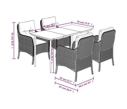 Set comedor de jardín 5 piezas con cojines ratán sintético gris