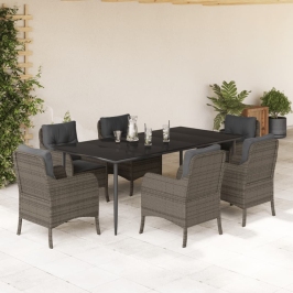 Set comedor jardín 7 pzas y cojines ratán sintético gris