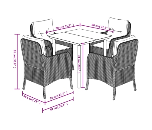 Set comedor de jardín 5 pzas con cojines ratán sintético beige