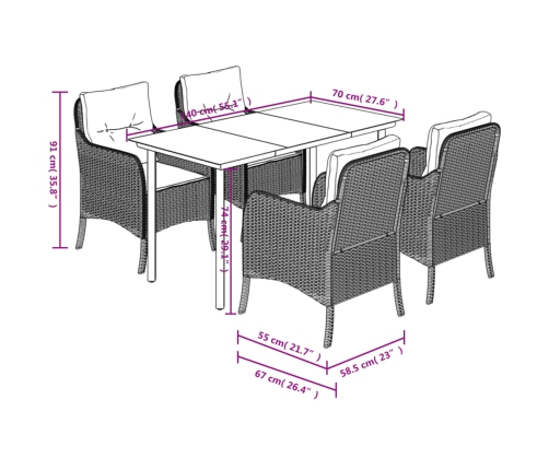 Set comedor de jardín 5 pzas con cojines ratán sintético beige